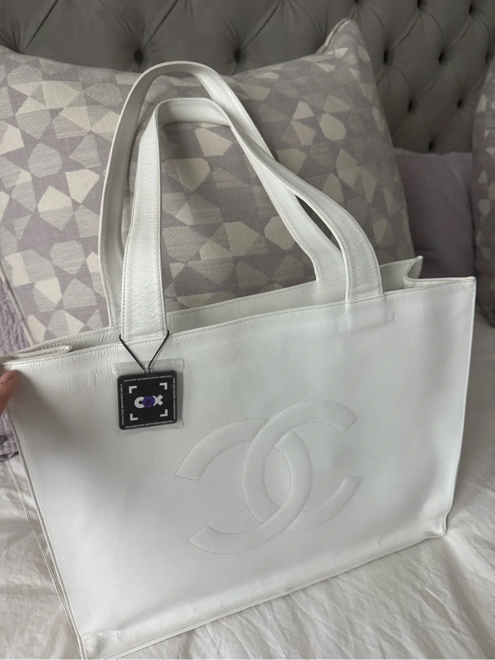 Authentic CHANEL White Leather Tote with Embossed CC Logo
